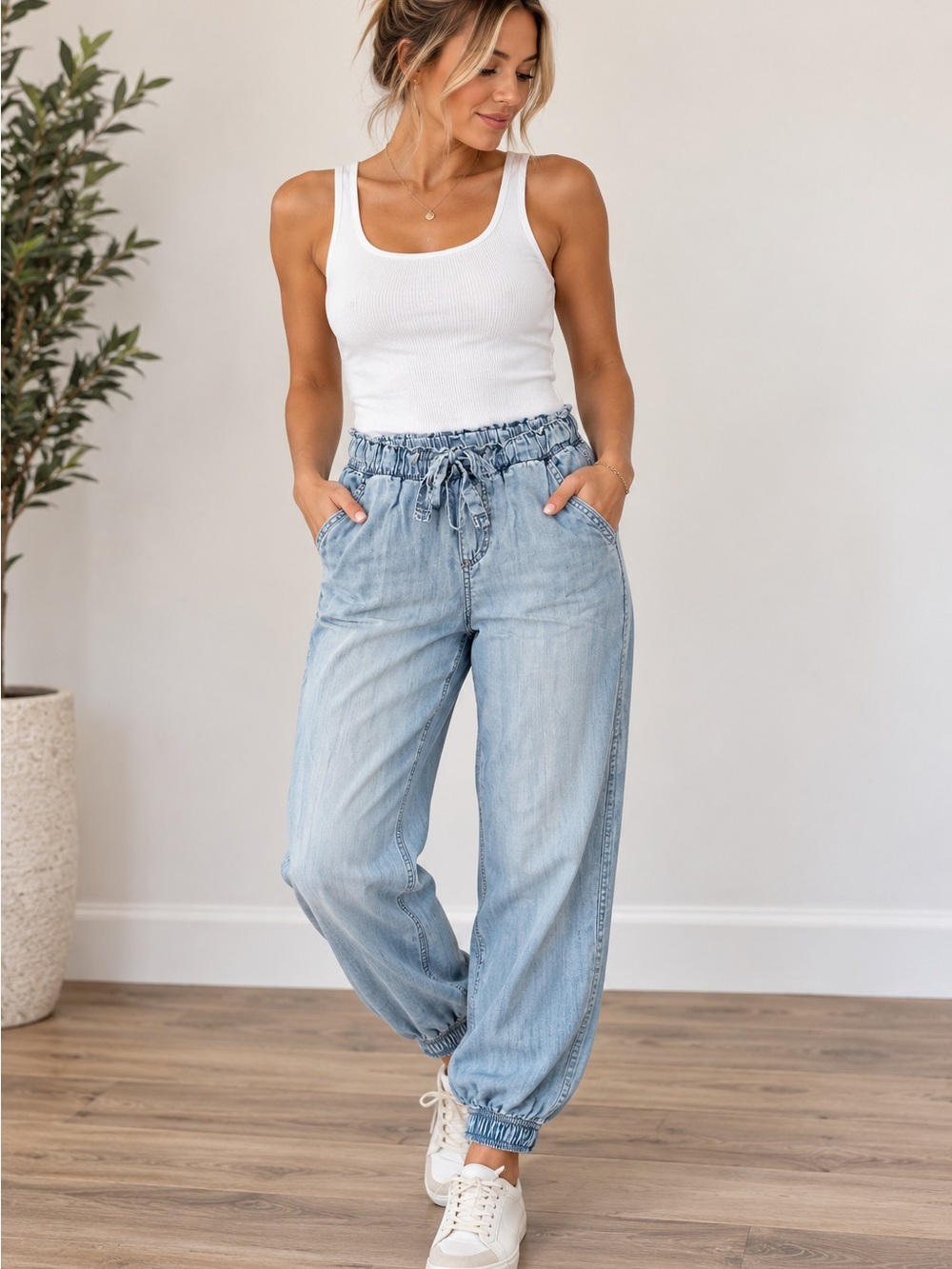 Knox Rose Light Blue Paperbag Waist Jogger Jeans